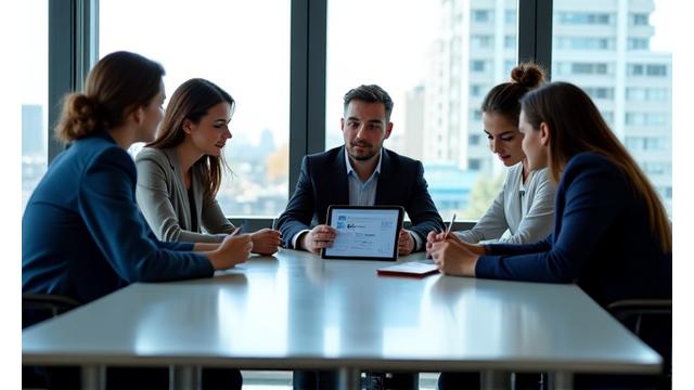 Team of Belvani Grants consultants discussing funding strategies around a modern table.
