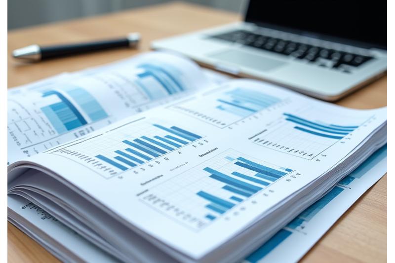 A stack of professional reports and documents on a sleek desk, with charts and graphs visible, symbolizing detailed financial and impact assessments.