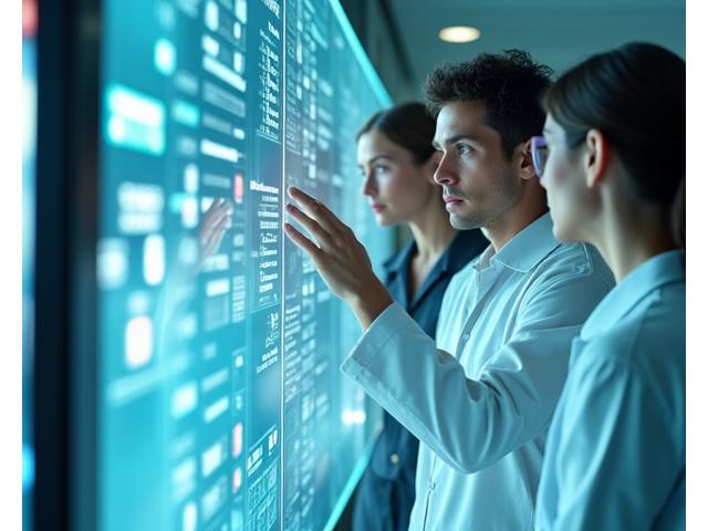 Doctors and researchers collaboratively studying medical data on a tablet, symbolizing healthcare innovation and community health outcomes.