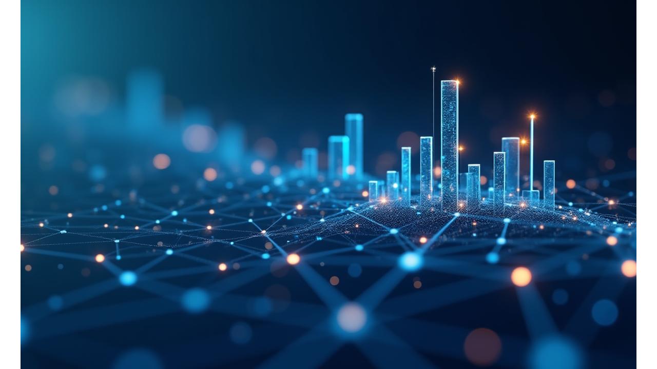A modern, abstract visualization of economic growth and data analytics, with upward-trending graphs and interconnected nodes, against a backdrop of soft blue and white hues.
