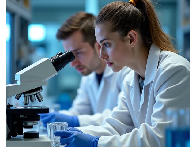Scientists in a modern lab examining samples under a microscope, representing research and innovation's economic contributions.
