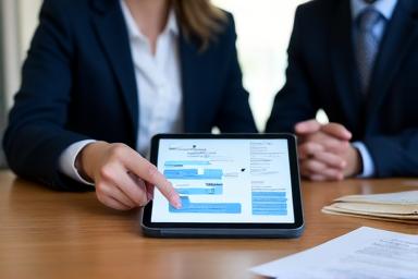 Photo of two professionals in a modern conference room, looking at a tablet and discussing, reflecting a negotiation or strategic discussion. Focus on clarity and professionalism.