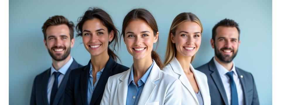 Portraits of diverse, smiling professionals on abstract background, representing satisfied clients