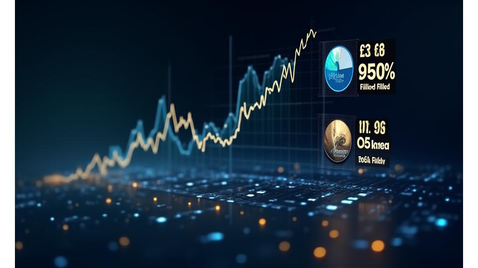 Abstract dashboard graphic showing upward trends, growth charts, and key performance indicators in shades of blue and gold