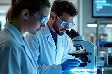 Scientists collaborating in a sterile lab environment using advanced equipment