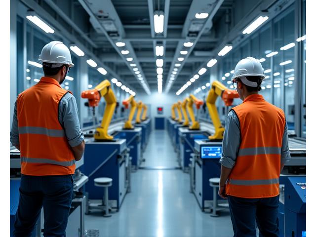 Modern manufacturing facility with robotic arms and production lines