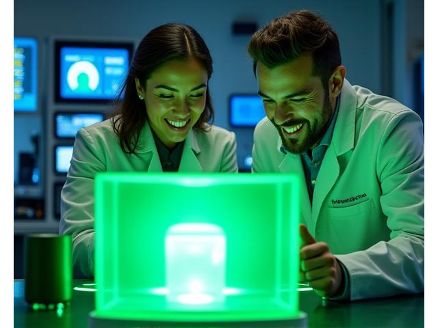Scientists in a lab examining a green energy device
