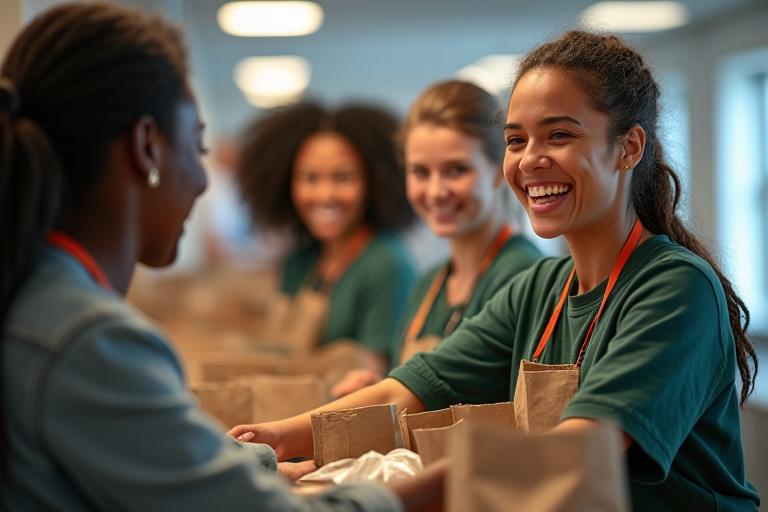Diverse group of volunteers happily working at a community food bank