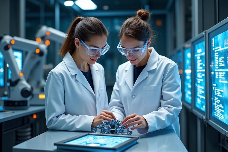 Engineers collaborating in a high-tech manufacturing facility