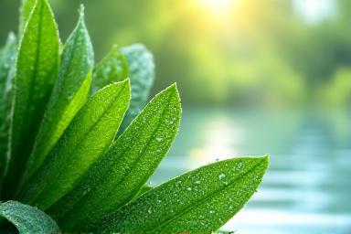 Green leaves and clean water, symbolizing environmental and conservation efforts.