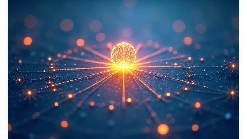 Abstract visualization of data points connecting and expanding, representing social impact measurement and growth.