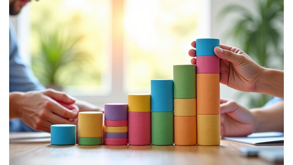 Hands building a financial graph from building blocks, symbolizing successful funding and growth for nonprofits.