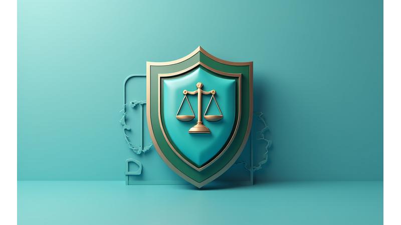 Abstract legal symbols overlapping with a secure shield icon, representing compliance and protection.