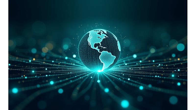 Digital network lines forming a complex, secure pattern around a central globe icon, symbolizing global data protection.