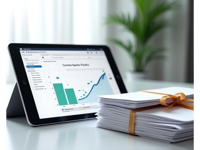Digital interface showing various charts and graphs for financial reports, alongside icons for document management and cloud storage, indicating organized and automated reporting.