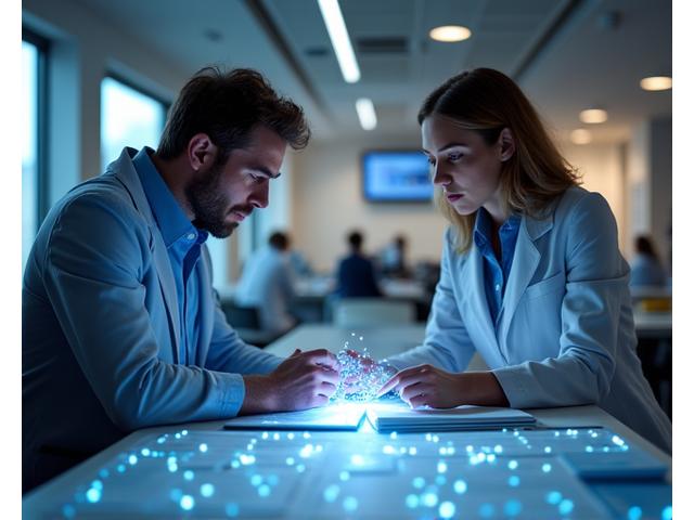 Two professionals, a researcher and a consultant, deeply engaged in a discussion over a table covered with research papers and a tablet, depicting a collaborative and focused consultation session. Subtle glows or lines connect elements visually, emphasizing synergy. In a modern office or lab setting, using brand colors.