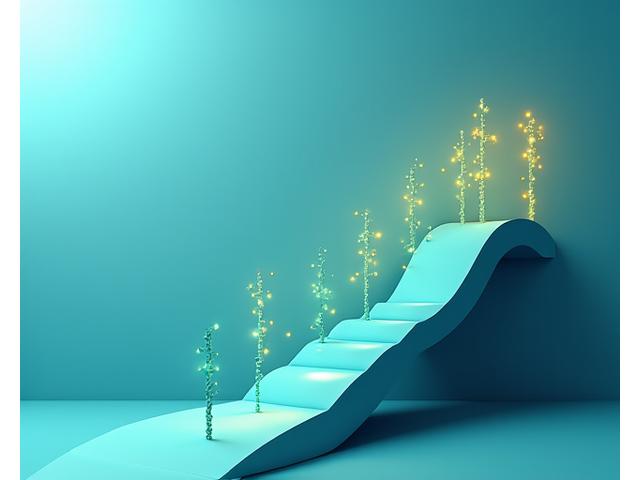 Illustration of a clear, ascending pathway with various 'checkpoints' or 'stages' representing innovation and commercialization, moving from research to market with light trails of data, in brand colors.