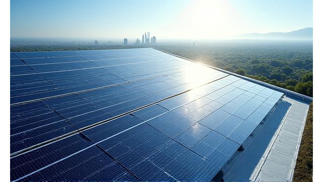 Solar panels on a commercial building rooftop