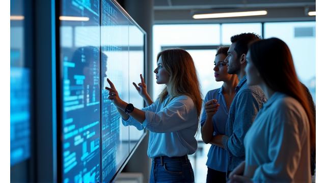 Diverse team collaborating in a modern tech office